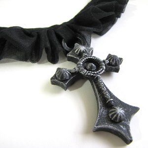 Large Grey & Black Gothic Cross Choker
